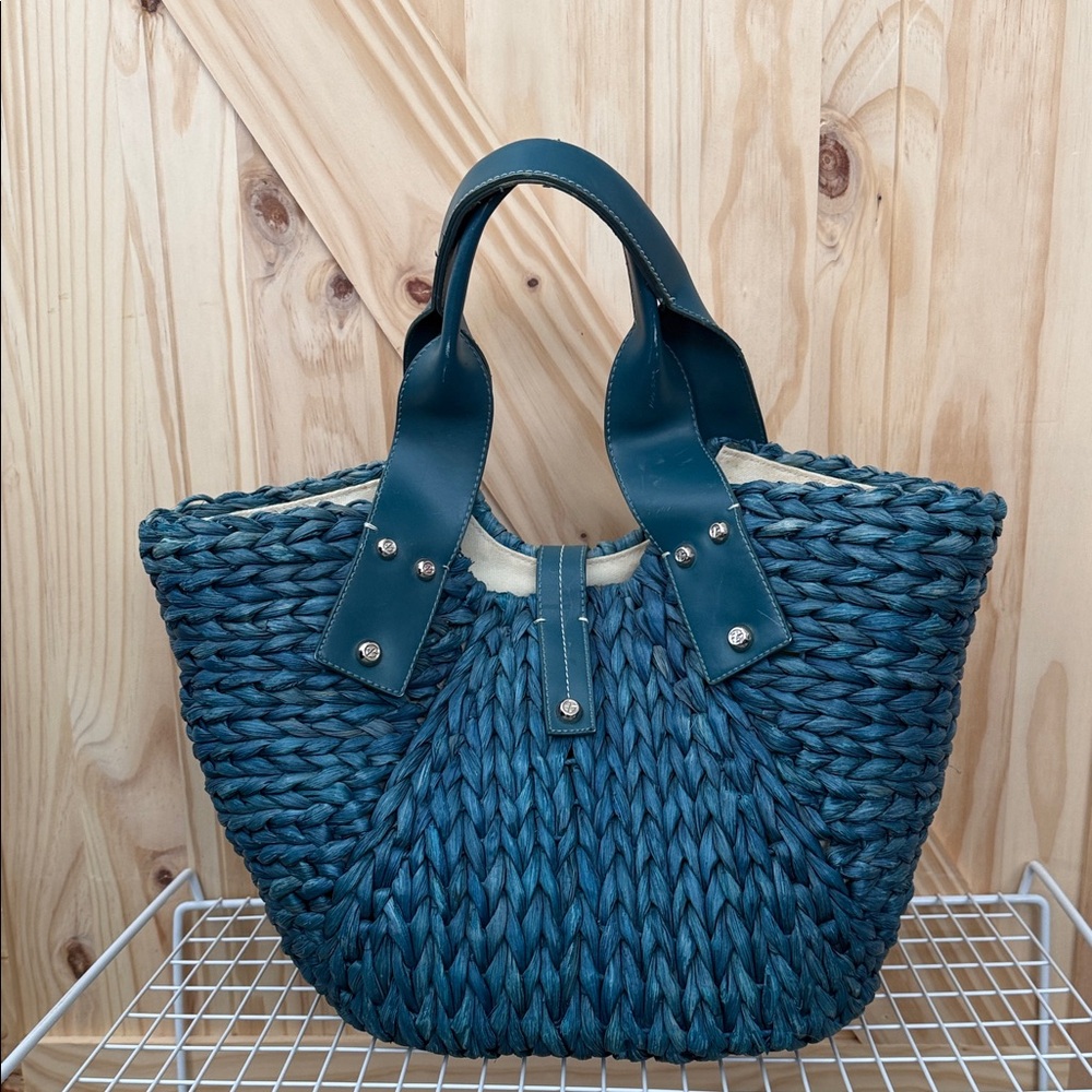 Francesco Biasia Freeway Jam Teal Straw Tote Bag - Picture 5 of 12